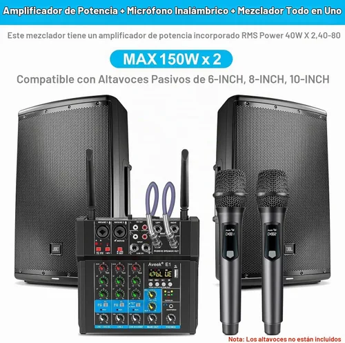 Vista 2 de Aveek - Mezclador de audio amplificador de 150 W x2, 4 canales con 2 micrófonos inalámbricos