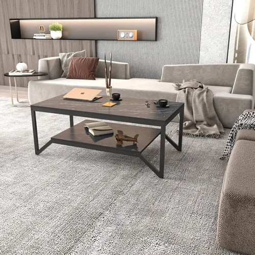 Vista 3 de Flora - Mesa auxiliar rectangular moderna de diseño industrial de 47 pulgadas de ancho, parte superior de madera con acabado de mármol, marco