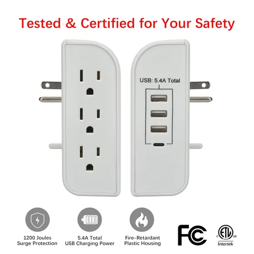 Vista 6 de Protector de sobretensiones de 3 salidas laterales de 1200 julios con 3 puertos USB-A y cargadores USB-C de 1 puerto, CP30009
