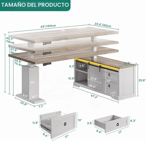 Vista 2 de YITAHOME - Escritorio de pie en forma de L con tomas de corriente y luces LED, 63" Escritorio eléctrico de granja ajustable en altura, estación