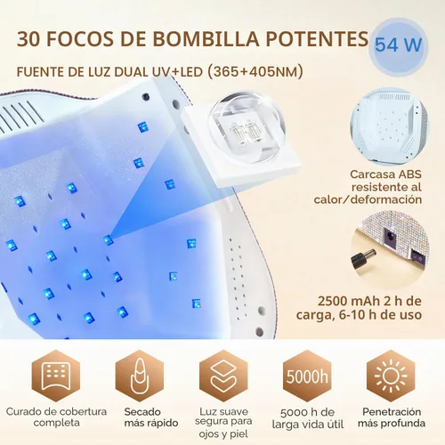 Vista 6 de Lámpara de uñas LED UV con guantes UV, base de espejo de metal magnético, secadora de uñas inalámbrica, luz de curado de esmalte de gel con 4