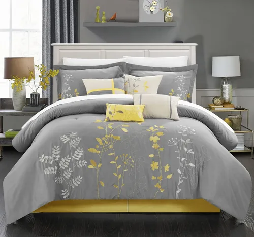 Vista 2 de Chic Home, set de cama de 8 unidades, colcha bordada con diseño floral., Microfibra, Amarillo, King