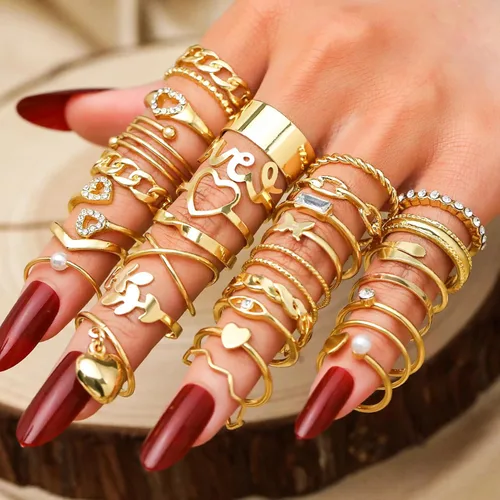Vista 5 de 17IF Juego de anillos dorados vintage para mujer, diseño bohemio de cristal estético, perla, mariposa, grueso, apilable, paquete de anillos midi
