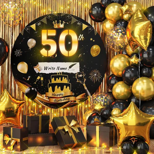 Vista 9 de Letrero luminoso de feliz cumpleaños de 40 años, decoración de fiesta para hombres, fondo de cumpleaños LED negro y dorado, carpa redonda, cartón