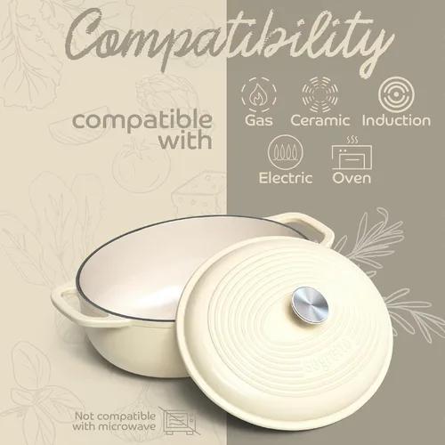 Vista 6 de Segretto Cookware Horno holandés ovalado de hierro fundido esmaltado, 7 cuartos de galón blanco Bianco Perla (Off-White)