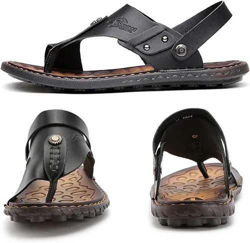 Vista 3 de Sandalias para hombre, sandalias para hombre, zapatos con anillo para el dedo del pie, casuales, de cuero, de verano, color negro