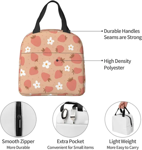 Vista 6 de Bolsa de almuerzo con aislamiento de fresas y flores, bolsa reutilizable para el regreso a clases, contenedor portátil para niños y niñas, cajas