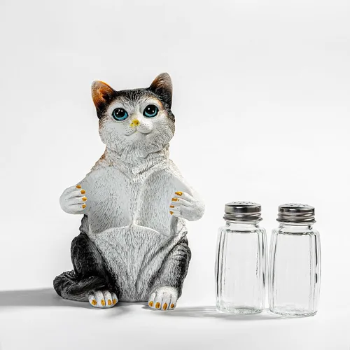 Vista 8 de Juego de salero y pimentero de resina con soporte y tarros de especias de cristal, decoración de cocina para amantes de los gatos, figura de gato