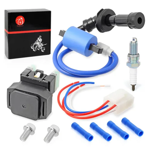 Vista 4 de Paquete de bobinas de encendido y bujías de solenoide de relé de arranque compatibles con Yamaha Raptor 660R YFM660R Grizzly 660 YFM660F 2001-2008