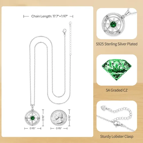 Vista 55 de Peeshow Collar para mujer, brújula, piedra natal, joyería de cumpleaños, aniversario, ideas para su novia, regalo romántico de amor en Navidad, día