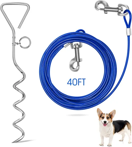 Vista 6 de Relux Cable y estaca de amarre para perros, estaca en espiral resistente de 16 pulgadas para perros pequeños a medianos (azul-16 pies, 2 unidades)