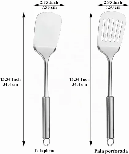 Vista 2 de Juego de espátulas de acero inoxidable, espátula ranurada plateada, espátula de cocina resistente, resistente al calor, utensilios de cocina ideales