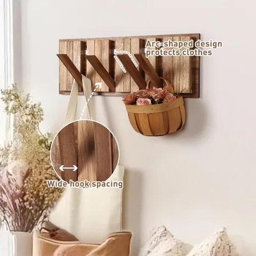 Vista 4 de Perchero de pared para entrada: Plegable rústico de madera con 8 ganchos, montaje de 16.5 pulgadas, elegante colgador de piano para pasillo