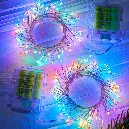 Vista 8 de Luces de hadas que funcionan con pilas, luces de cuerda centelleantes impermeables con cable plateado de 5 pies y 60 LED, luces de fuegos