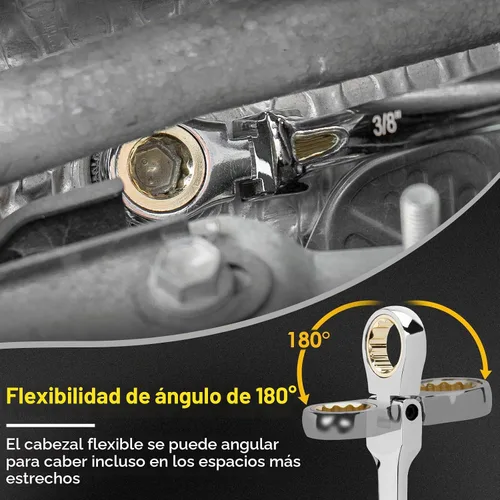 Vista 4 de Juego de llaves de trinquete extra largas con cabeza flexible, SAE 1/4" a 13/16", 5 piezas de llaves de trinquete de doble caja de mango largo, 72