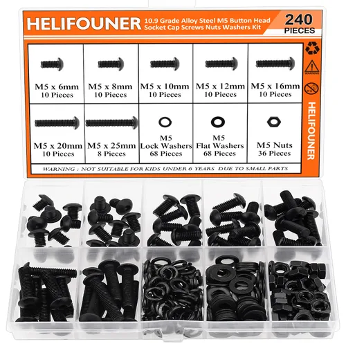 Vista 24 de HELIFOUNER 560 Piezas M2 x 4 mm / 6 mm / 8 mm / 10 mm / 12 mm / 16 mm / 20 mm, Kit de Tornillos de Cabeza de Botón con Arandelas y Tuercas, Acero
