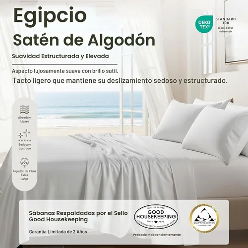 Vista 2 de California Design Den Sábanas de Algodón Egipcio 100%, Juego de Sábanas de Lujo Auténtico Certificado Tamaño Full con Bolsillo Profundo, Satén Suave