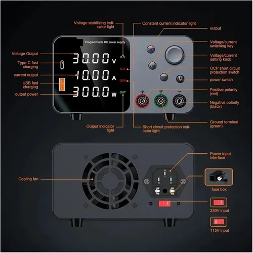 Vista 7 de Fuente de alimentación de 30V 10A CC Fuente de alimentación de banco de CC regulada de conmutación variable para carga rápida Pantalla LED