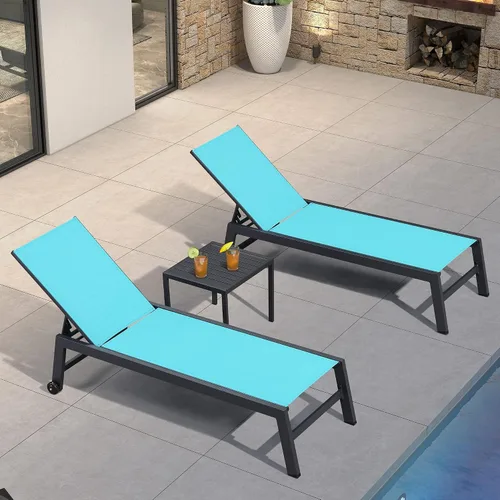 Vista 44 de PURPLE LEAF Juego de 2 tumbonas de aluminio para patio al aire libre con ruedas y mesa auxiliar, tumbona de piscina para jardín al aire libre, junto