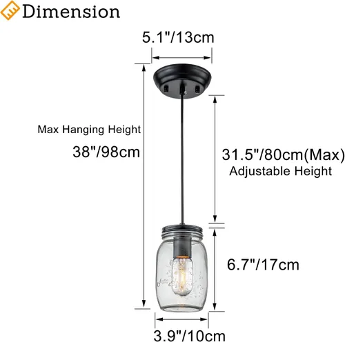 Vista 3 de Lámpara colgante ajustable para isla de cocina, 1 luz colgante de cristal Mason Jar (2 unidades)