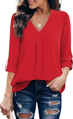 Vista 6 de Youtalia Blusas para mujer, elegantes, informales, de negocios, manga 3/4, de gasa, cuello en V, camisas de trabajo y oficina