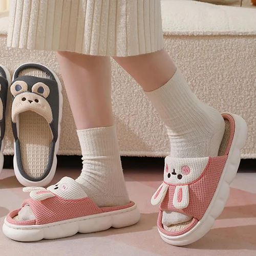 Vista 7 de Aucomfo Pantuflas de lino, bonitas pantuflas de animales para mujeres y hombres, bonitas pantuflas de casa para mujeres, pantuflas de casa kawaii