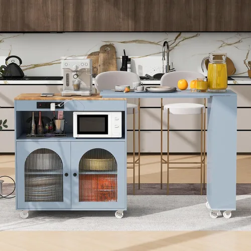Vista 13 de Carrito móvil de isla de cocina de 52.7 pulgadas con organizadores y almacenamiento superior de madera maciza y ruedas de bloqueo, armario