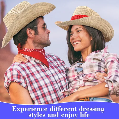 Vista 5 de Leumoi 12 sombreros de vaquero occidental con bandana roja, sombrero clásico de paja de vaquero para vaquero, roeo, fiesta temática, cosplay