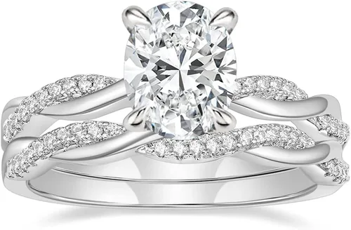 Vista 7 de Juego de anillos de compromiso de 3 quilates para mujer, anillos de circonita cúbica de corte ovalado, banda de boda, conjunto de pavé infinito