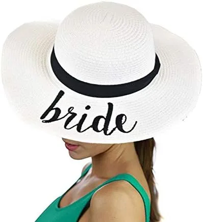 Vista 2 de C.C - Sombrero de playa para mujer de tela de papel con frase bordada, de ala ondulada que se dobla y es flexible
