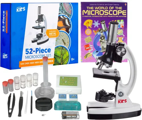 Vista 7 de AmScope-Kids M30-ABS-KT2-W Kit de microscopio con brazo de metal y base, 6 aumentos desde 20x a 1200x, incluye 52 piezas de accesorios y estuche