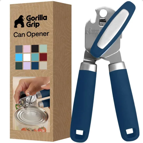 Vista 17 de GORILLA GRIP - Abridor de latas manual de acero inoxidable resistente con borde liso y abridor de botellas, mango suave y cómodo, perilla giratoria