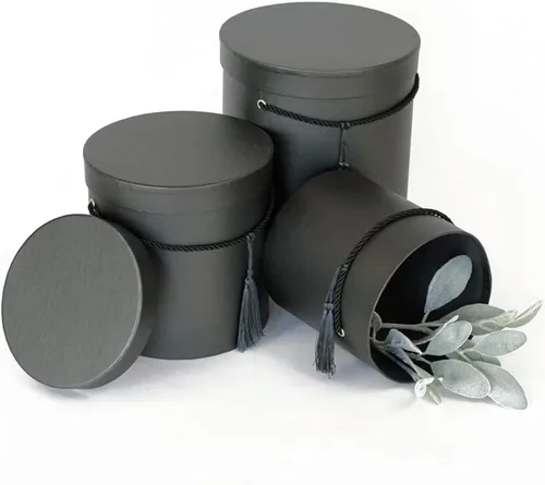 Vista 5 de UNIKPACKAGING Caja de flores redonda de alta calidad, con borla, cajas de regalo para flores de lujo y arreglos de regalo, juego de 3 piezas (negro)