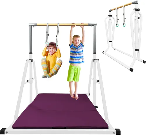 Vista 11 de GLANT Barra de gimnasia para niños con juego de anillos, 7 alturas ajustables, fácil de plegar, barra de entrenamiento de gimnasia para niños