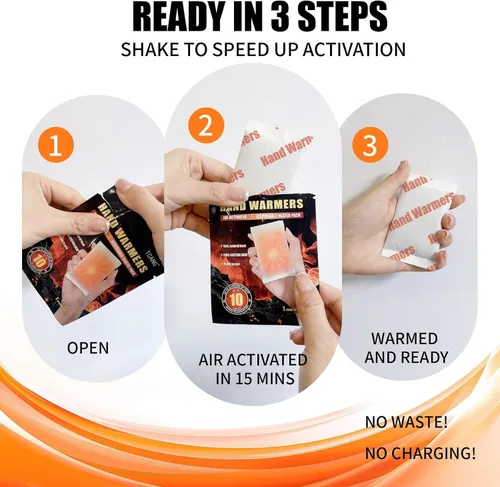 Vista 6 de Hand Warmers Disposable - Up to 15 Hours of Heat - 10/50/100/200 Pack Super Long Lasting Air Activated Warmers, All Natural, Portable for Body