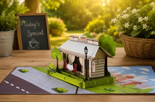 Vista 5 de ETA Tarjeta de felicitación desplegable 3D – escena de café y restaurante con comedor al aire libre, arte de papel hecho a mano, cumpleaños