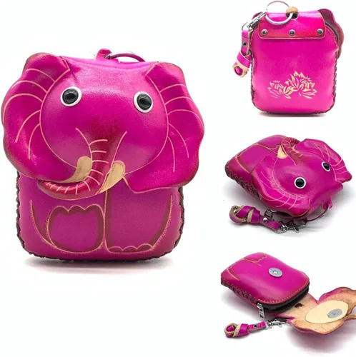 Vista 15 de Handmade Vintage Genuine Leather 3D Animal Elephant Coin Purse With Removable Wrist Strap (Brown)