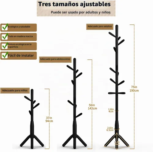 Vista 6 de Perchero de madera maciza, perchero independiente en forma de árbol con 11 ganchos, poste principal de 1.6 pulgadas de diámetro para ropa, soporte
