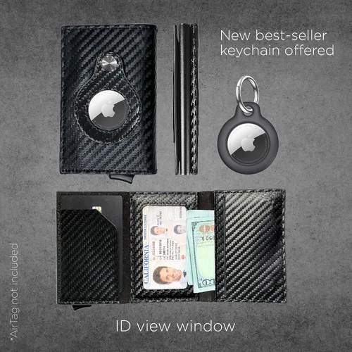 Vista 3 de Cartera para hombre Tarjetero de fibra de carbono y llavero AirTag de metal, billetera delgada, cierre magnético y seguridad RFID, Fibra de carbono