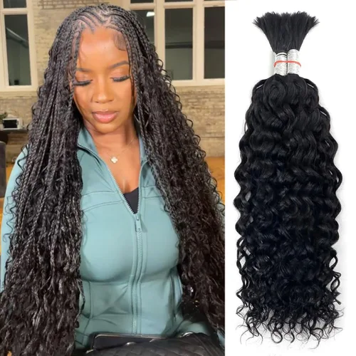Vista 6 de Cabello humano trenzado para trenzas bohemias, cabello humano trenzado, sin trama, húmedo y ondulado, extensiones de cabello humano trenzado