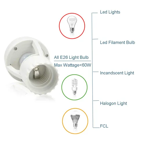 Vista 7 de Toma de luz con sensor de movimiento, adaptador de bombilla de tornillo PIR Motion E26, control de luz nocturna ajustable de encendido/apagado