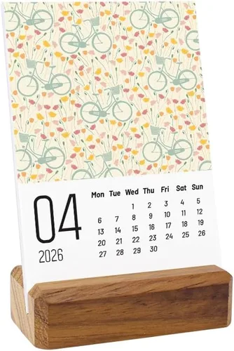 Vista 4 de Calendario de escritorio pequeño 2026 con tema floral, base de madera, oscuro