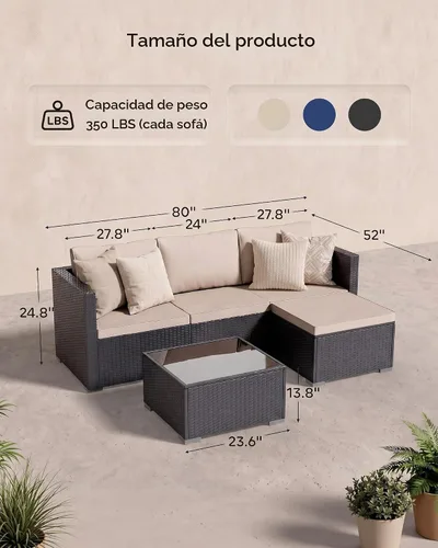 Vista 5 de Skyfish Juego de muebles de patio, reposabrazos anchos, sofá modular de mimbre para todo tipo de clima, 5 piezas para exteriores con diván, juego