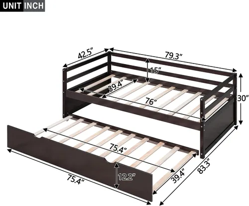 Vista 2 de Merax Sofá cama tamaño individual con nido, marco de sofá cama de madera maciza, color espresso