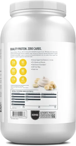 Vista 11 de Isopure Zero Carb 100% Proteína Pura de Suero Aislado en Polvo, Libre de Lactosa, Libre de Gluten, Con Vitaminas, Crema de Plátano, 25g de Proteína