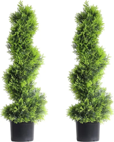 Vista 10 de Momoplant Topiario artificial en espiral de 3 pies/35 pulgadas, imitación de Milán, decoración interior y exterior, juego de 2, plantas de puerta