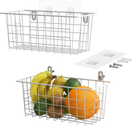 Vista 10 de MaraFansie Cestas de cocina colgantes de alambre para almacenamiento sobre el organizador de la puerta del gabinete, cesta adhesiva sin taladrar