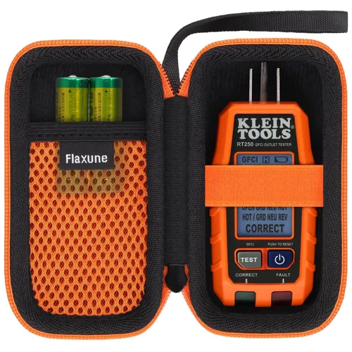 Vista 2 de Funda protectora de transporte para Klein Tools GFCI receptáculo probador de tomas de corriente 120V RT250, funda negra + cremallera naranja