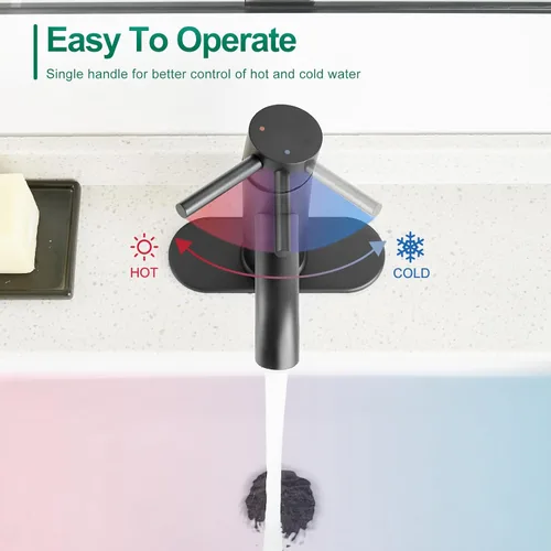 Vista 4 de Grifo de Baño Negro de Una Sola Manija, Grifo de Lavabo de Baño con Desagüe Pop-up, Grifo de Lavabo RV, Grifo Mezclador de Lavabo con Placa