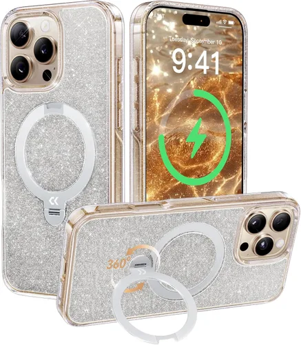 Vista 32 de CASEKOO Funda plateada brillante para iPhone 17 Pro con soporte magnético giratorio de 360 grados [compatible con MagSafe]